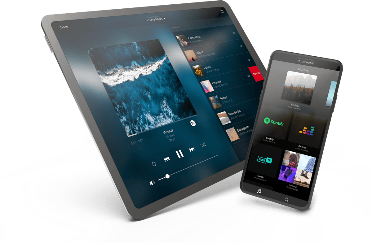 Savant music app displayed on a tablet and a phone, showcasing music playback and selection options.