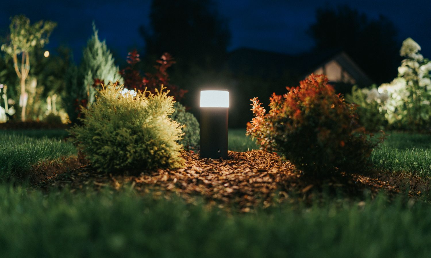Outdoor garden pathway at night illuminated by a modern bollard light, with landscaped shrubs, mulch, and grass softly lit against a dark background.