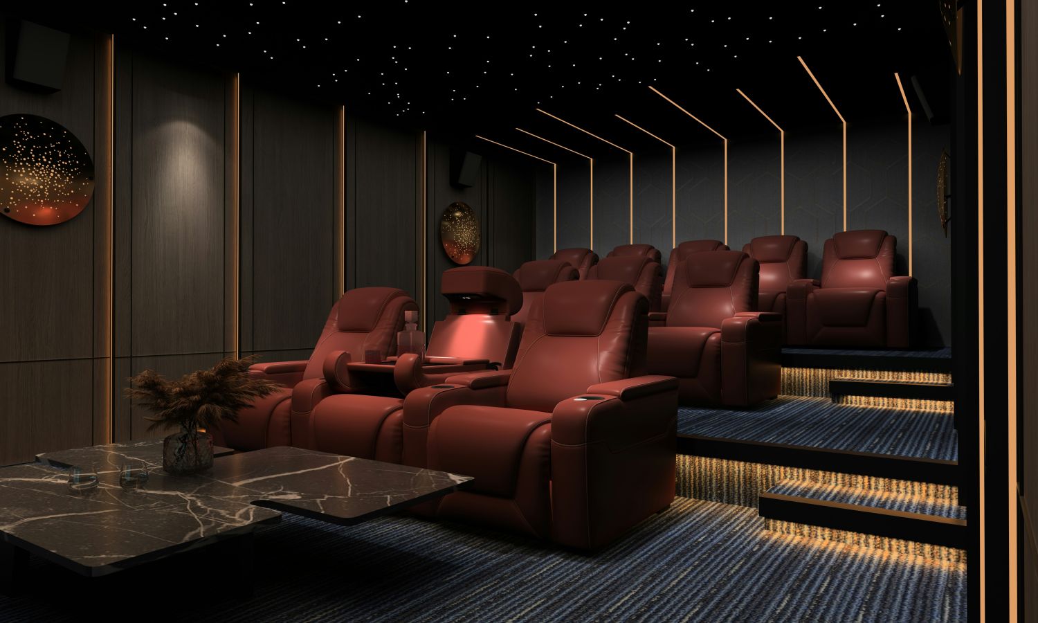 Luxury home theater with tiered seating, plush reclining chairs in dark red, soft LED accent lighting, dark paneled walls, and a starry ceiling effect